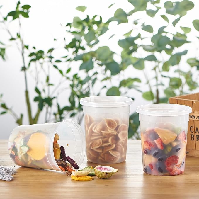 32 oz. Plastic Deli Containers With Lids, 24 Sets - Leakproof, Stackable, BPA Free, Microwavable, Freezer Safe (Formerly FULING)