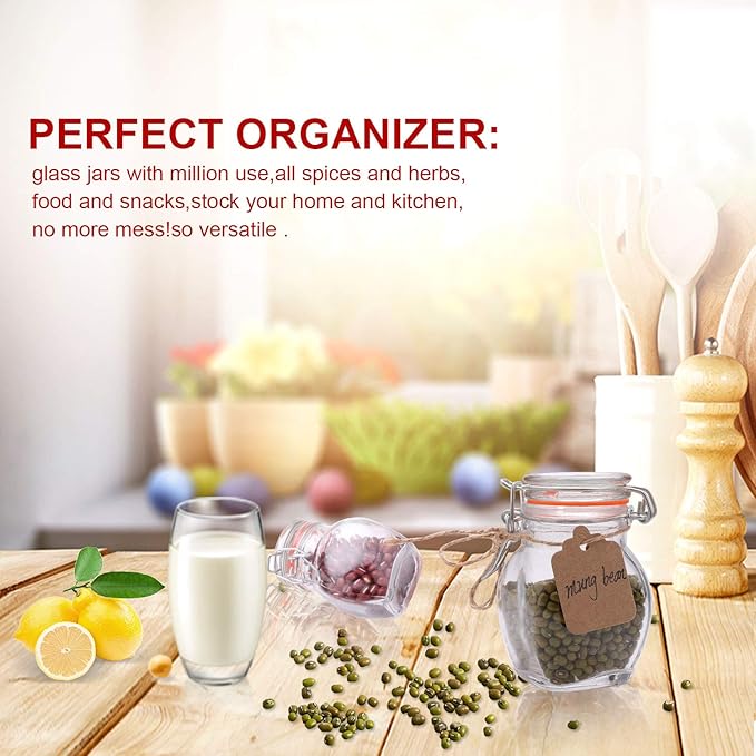 Encheng Mini Spice Jars, Glass Jars With Airtight Lids 4 oz And Leak Proof Rubber Gasket,Small Mason Jars With Hinged Lids For Kitchen,Small Storage Containers With Twine n Tags Labeling 30 Pack