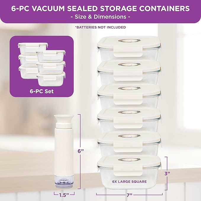 HOLDN’ STORAGE Vacuum Food Storage Containers, Set of 6 Glass Containers plus a Manual Vacuum Pump – Keep Food Fresh Longer, BPA-Free Glass, Leak-Proof, Ideal for Meal Prep, Marinating.