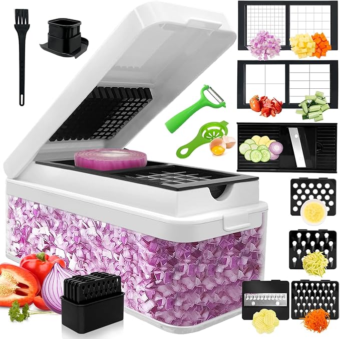 Vegetable Chopper, Onion Chopper Dicer, Mandoline Slicer, Food Chopper with Container, Vegetable Cutter for Salad Potato Carrot Garlic（9 Blades, White Black）