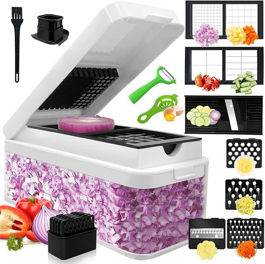 Vegetable Chopper, Onion Chopper Dicer, Mandoline Slicer, Food Chopper with Container, Vegetable Cutter for Salad Potato Carrot Garlic（9 Blades, White Black）