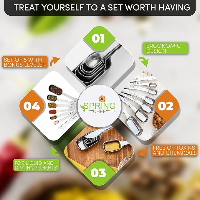 Spring Chef Stainless Steel Rectangular Measuring Spoons, Set of 7 & Heavy Duty Meat Tenderizer, Black - 2 Product Bundle