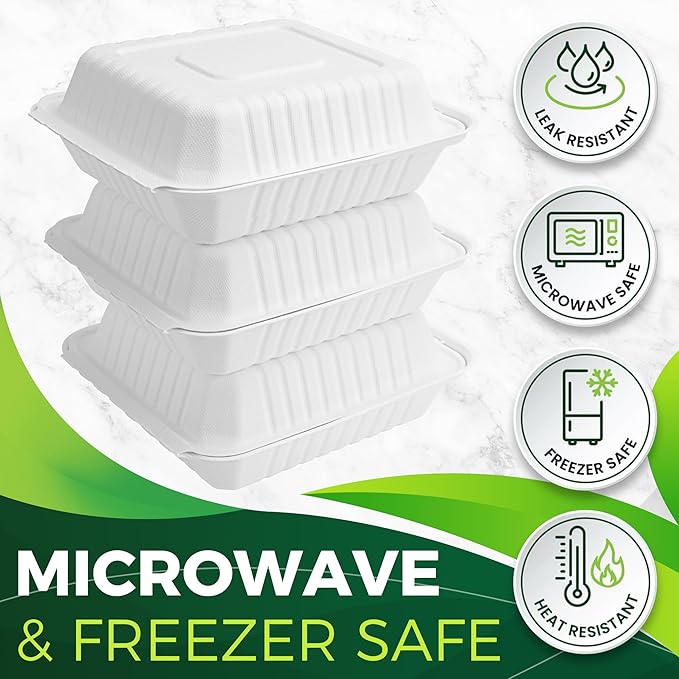 75 Pack 8”x8” Take Out Containers with Lids, EXTRA Sturdy To Go Food Containers, 100% Compostable Clamshell Take Out Containers, To Go Boxes for Food