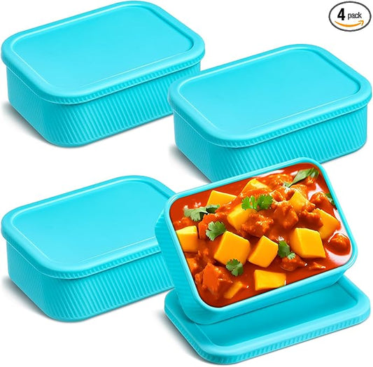 Nuogo 4 Pcs 3.5 Cup Silicone Freezer Trays with Lid Soup Freezer Containers Reusable Silicone Molds Rectangle Containers Freezing Ice Trays for Soups Sauces Stews Curries, Lake Blue