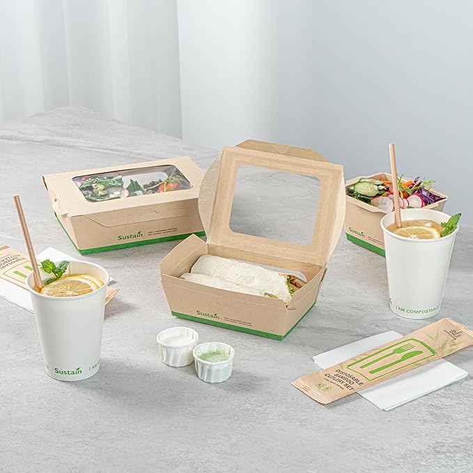 Restaurantware-Sustain 28 Ounce Sturdy Paper Take Out Boxes, 50 Disposable Take Out Food Containers - With PLA lining, Two Clear PLA Windows, Bamboo Paper Containers, Compostable, Tab-Lock Design