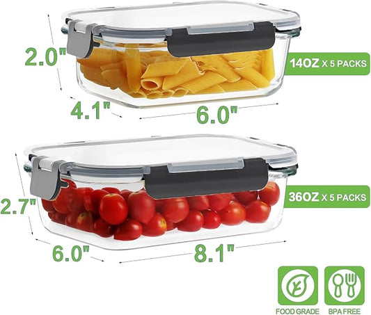 HOMBERKING 10 Pack Glass Meal Prep Containers with Locking Lids, Glass Food Storage Containers Set, Airtight Glass Lunch Bento Boxes, BPA-Free & Leak Proof, 36oz & 14oz(10 lids & 10 Containers), Black