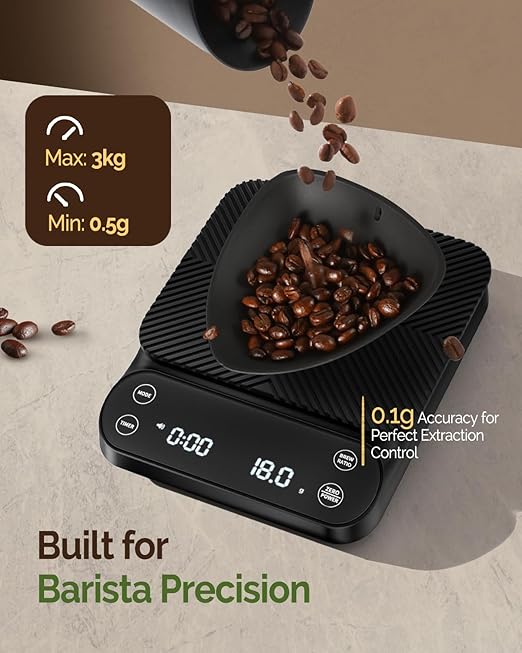 Maestri House Rechargeable Coffee Scale with Timer, 3kg/0.1g Pour-Over Scale, 3 Brewing Modes, Customizable Brew Ratio, Barista-Grade Digital Coffee Scale for Pour-Over, Espresso, French Press-Black