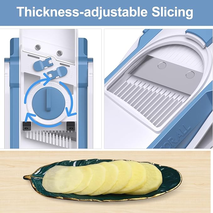 Safe Mandoline Slicer for Kitchen, Adjustable Thickness 0.1-8 mm, 5 in 1 Multi Vegetable Chopper, Potato Slicer, Food Chopper French Fry Cutte, with Paring Knife/Cleaning Brush, Mandolin (Haze Blue)