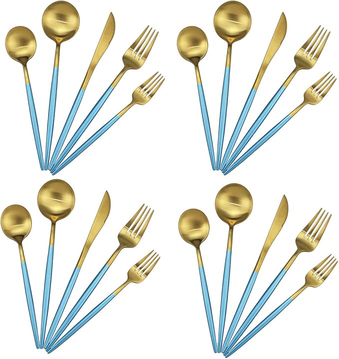 20-Piece 18/10 Stainless Steel Flatware Silverware, Luxury Dinnerware Set Travel Cutlery Tableware Include Knife Fork Spoon Service for 4, Dishwasher Safe (Blue Handle Matte Gold)