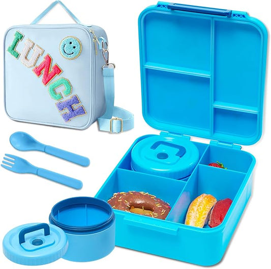 Bento Lunch Box for Kids with 8.5oz Soup Thermo, Kids Leakproof Lunch Food Containers with 4 Compartment, Blue Nylon Insulated Lunch Bag Adjustable Strap for Girl Teens School Travel Picnic
