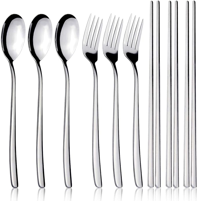 IQCWOOD Spoons and Forks Flatware Set, 3 Pairs Chopsticks Forks and Spoons Silverware Korean Utensil Set, Stainless Steel Korean Dinnerware Portable Utensils for Home