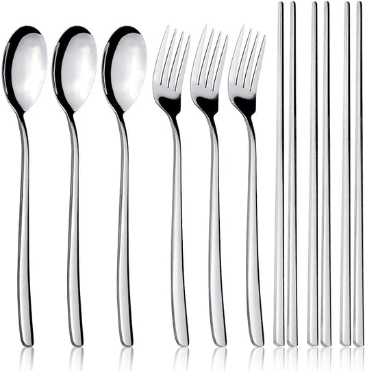IQCWOOD Spoons and Forks Flatware Set, 3 Pairs Chopsticks Forks and Spoons Silverware Korean Utensil Set, Stainless Steel Korean Dinnerware Portable Utensils for Home