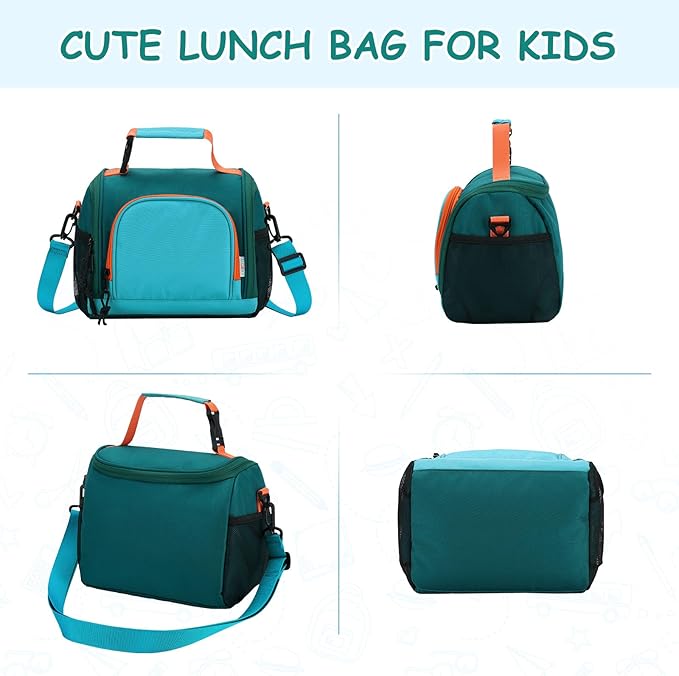 VASCHY Lunch Bag for Kids, Boys Cute Reusable Insulated Large Lunch Box Container for Children Daycare School Kindergarten Preschool Green