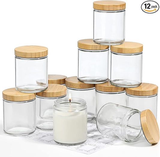 VITEVER 12 Pack Thick Glass Candle Jars with Bamboo Lids - 8 OZ, Bulk Clear Round Glass Candle Jars for Making Candles, Empty Food Storage Containers, Canning Jars for Spice, Powder, Liquid