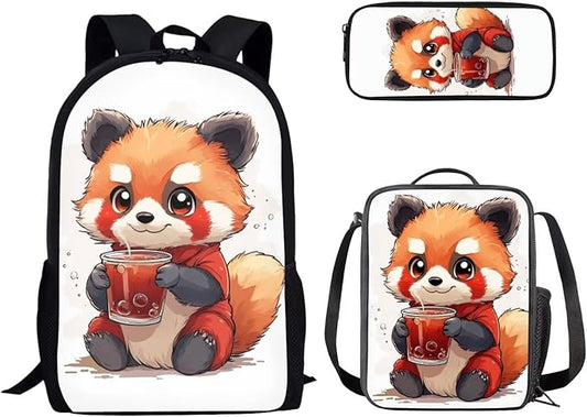 Dolyues Cute Raccoon Girls 3-Piece Backpack Set: 17 Inch School Bag, Double-Shoulder Lunch Pack & Pencil Pouch - Lightweight & Waterproof for Ages 6-12