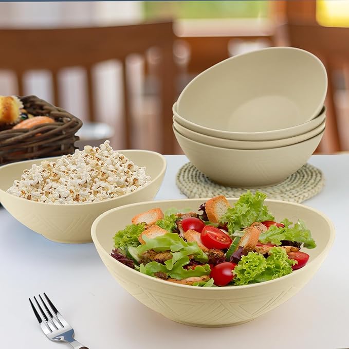Homienly Salad Bowls Set of 6, 60 OZ Large Wheat Straw Bowls for Kitchen, Camping, Party, Unbreakable Lightweight Popcorn Bowl, Microwave and Dishwasher Safe Bowl Set with Unique Texture - Beige
