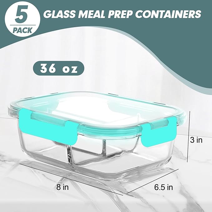 Glass Meal Prep Containers 3 Compartments, 5 Pack 36 oz, Glass Food Storage Containers with Lids, Airtight Lunch Bento Box, Portion Control, Freezer and Microwave Safe, Green