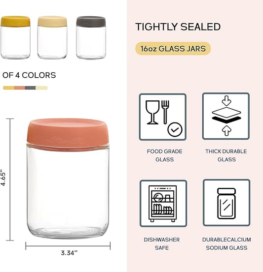 16 OZ Glass Food Jar Storage Containers with Airtight Lids, Reusable Wide Mouth Overnight Oats Glass Mason Jars for Snacks Yogurt Pudding(Multicolor 4pack-2)