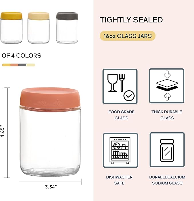 16 OZ Glass Food Jar Storage Containers with Airtight Lids, Reusable Wide Mouth Overnight Oats Glass Mason Jars for Snacks Yogurt Pudding(Multicolor 4pack-2)