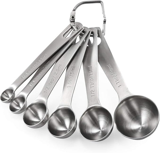 18/8 Stainless Steel Measuring Spoons Set for Dry and Liquid Ingredients (Set of 6), and 600ºF Heat Resistant 11.38in Flexible Non-Stick Spatula & Spoon Spatula (Black)