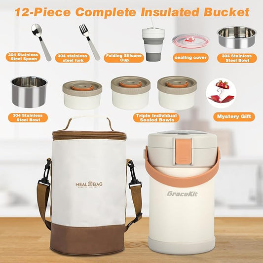 Thermo for Hot Food 3-Layer Termos Para Comida Caliente 67oz Leakproof Lunch Box for Men Women Adults - Insulated Soup Container w/Cutlery, Collapsible Cup & Thermal Bag, Office Camping Travel