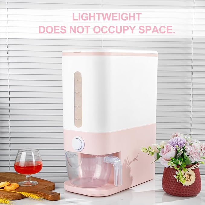 Rubtlamp 22.5-25 Lbs Pink Rice Dispenser, Rice Storage Container, Pink Rice Storage Container with Measuring Cup, Rice Holder Bucket for Household Kitchen Rice Soybean Corn