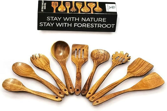 9-Piece Wooden Cooking Utensil Set – Premium Wood Kitchenware for Nonstick Cookware, Heat-Resistant & Durable Wooden Spoons and Spatulas – Eco-Friendly Kitchen Tools for Stirring & Serving