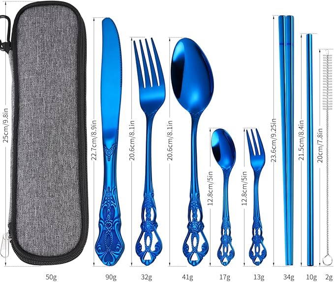 AARAINBOW 7 Pieces Stainless Steel Flatware Set Portable Reusable Cutlery Set Travel Utensils Set Including Chopsticks Knife Fork Spoon Straws Cleaning Brush Dishwasher Safe (G-Blue)