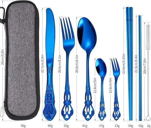 AARAINBOW 7 Pieces Stainless Steel Flatware Set Portable Reusable Cutlery Set Travel Utensils Set Including Chopsticks Knife Fork Spoon Straws Cleaning Brush Dishwasher Safe (G-Blue)