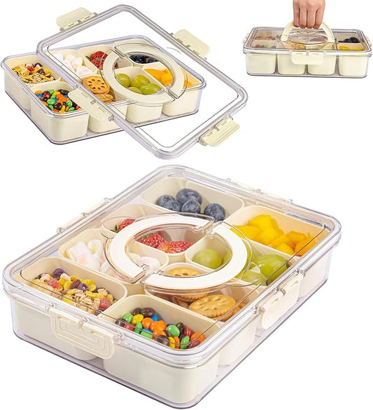 U-QE Dishwasher Safe Snackle Box Container with 8 Small Snacks Box - Premium Ivory Plastic Divided Serving Tray with Lid and Handle for Snack, Veggie, Fruits, Perfect for Party, Picnic, Entertaining