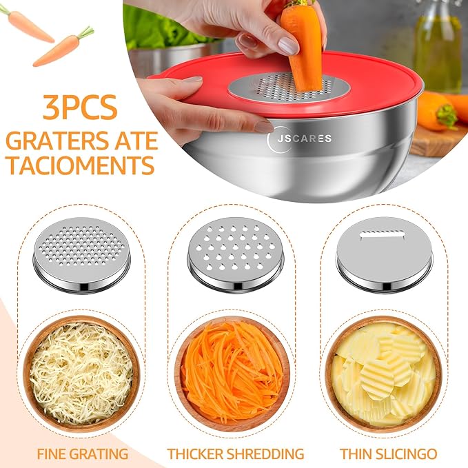 Mixing Bowls with Colorful Airtight Lids, 6 Piece Stainless Steel Metal Bowls with 3 Grater Attachments, Size 4.5, 3.5, 2.1, 1.5, 1.1, 0.7 QT