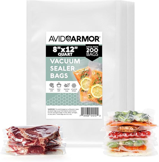 Avid Armor Vacuum Sealer Bags 200 Quart 8x12" For Food Saver, Commercial Grade, BPA Free, Heavy Duty, Pre-cut, for Vac Storage, Meal Prep, Sous Vide, or Dehydrated Freeze Dried Foods