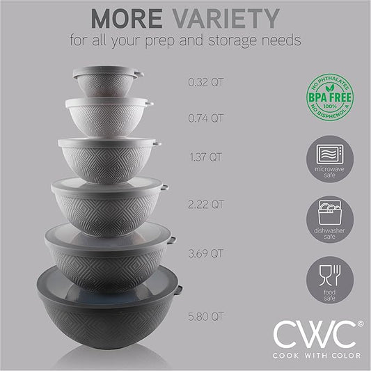 COOK WITH COLOR Mixing Bowls with Lids - 12 Piece Plastic Nesting Bowls Set includes 6 Prep Bowls and 6 Lids, Non Slip Bottom and Rhombus Design - Microwave Safe (Grey)