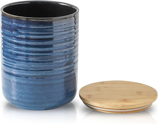 Hasense 80oz Ceramic Food Storage Jar with Airtight Bamboo Lid – 7.5 Inch Large Kitchen Canister for Coffee, Sugar, Flour, Tea, Snacks – Wide Mouth Blue Container for Pantry Organization