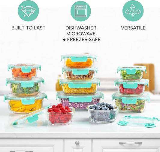 Zulay Kitchen 12 Pack Glass Meal Prep Containers with Lids - Airtight, Premium Borosilicate Glass Food Storage Containers - Microwave, Freezer & Oven Safe, BPA Free - Teal