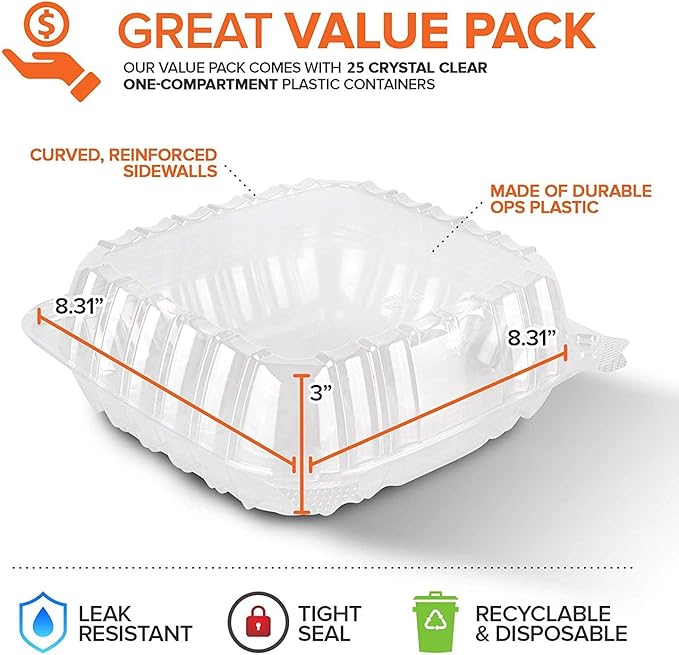 Stock Your Home Plastic 8 x 8 Inch Clamshell Takeout Tray (25 Count) - Dessert Containers - Plastic Hinged Food Containers for Salads, Pasta, Sandwiches