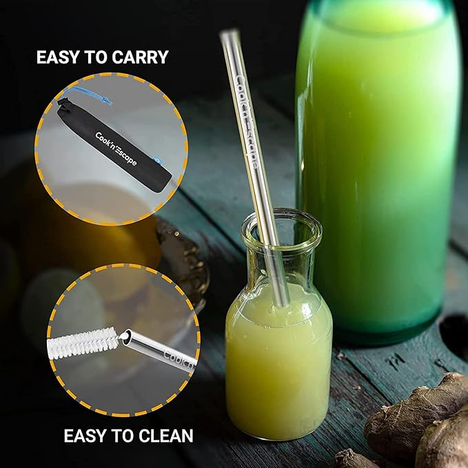 COOK'N'ESCAPE Titanium Camping Cooking Utensils, Lightweight Spoon Fork Knife Combo Flatware+Reusable Titanium Straw Set with Cleaning Brush for Kitchen Travel Picnic Hiking Backpacking Outdoors