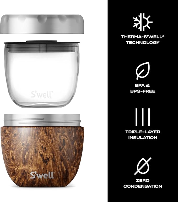 S'well Eats Stainless Steel Food Bowls, 21.5oz, Teakwood, Triple-Layered Vacuum-Insulated Containers Keeps Food Cold for 11 Hours and Hot for 7 hours, Condensation Free, BPA Free