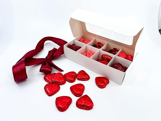 Treat boxes with window and dividers | 8 X-SMALL compartments | 6.75 x 3.5 x 1.57 in | Empty candy boxes for gift giving, truffle box - perfect for Valentine's Day | 10-pack (White)