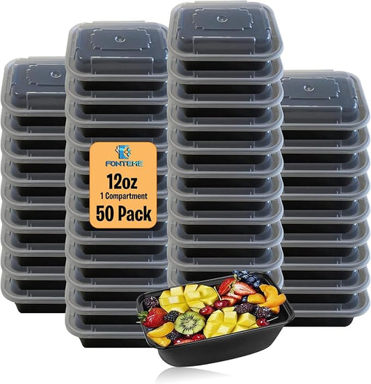 Single Compartment Meal Prep 50 Pack - 12oz Container with Airtight Lid – Freezer, Microwave & Dishwasher Safe – Stackable – BPA Free – Meal Prep Storage Container (Black)