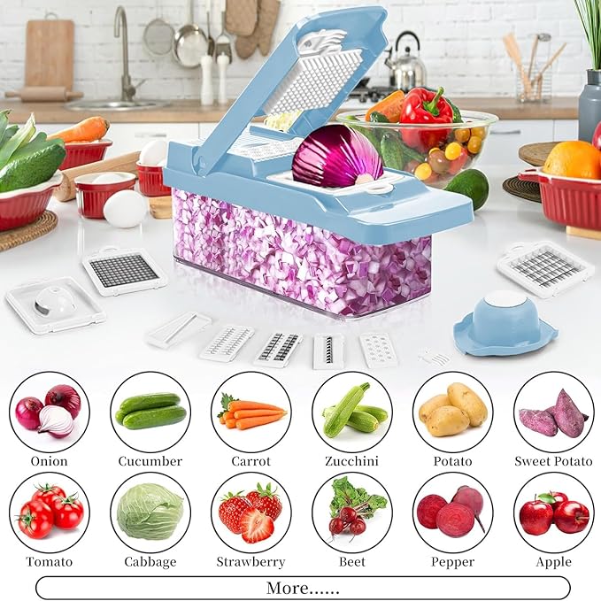 Vegetable Chopper,Food Chopper,Pro 12 in1 Multifunctional Onion Veggie Chopper,Vegetable Chopper With Container,Vegetable Slicer Dicer Cutter,Mandoline Slicer,Salad,Garlic (Blue)