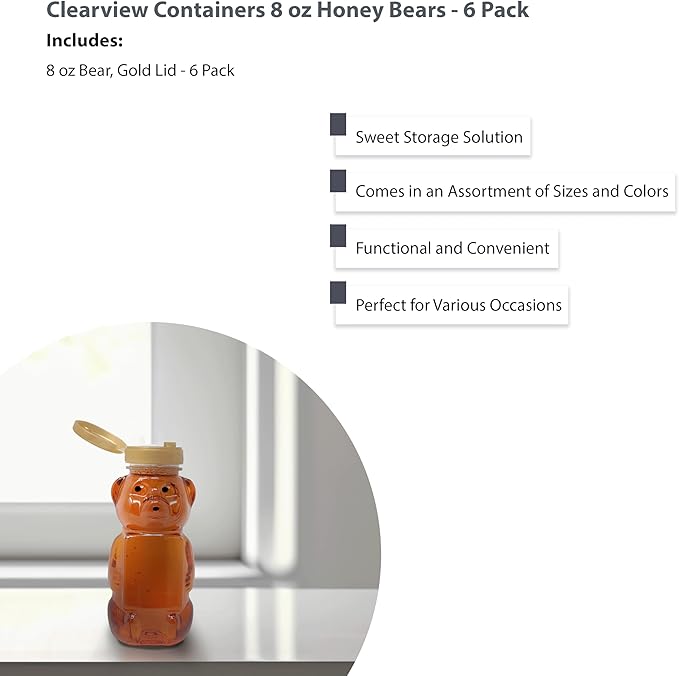 6 Pack of 8 Ounce Honey Bears with Sealable Gold Flip Top Lids (8 oz. Bear, 6pk, Gold)