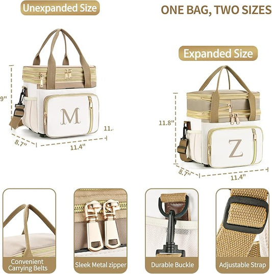 LOKASS Personalized Lunch Bag for Women Work, 16L Initial Insulated Lunch box for Adult/Womens Gift, Leakproof Personalized Gift Lunchbag with Adjustable Shoulder Strap, Cooler Bag Beige - D