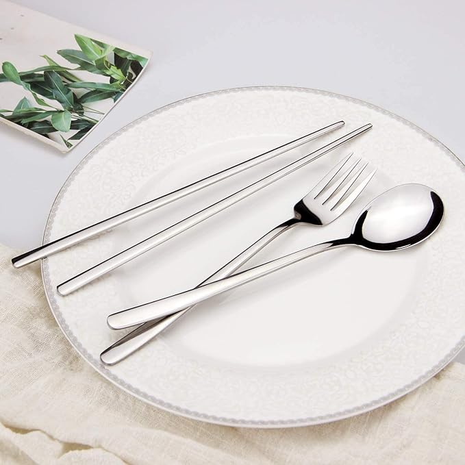 IQCWOOD Spoons and Forks Flatware Set, 3 Pairs Chopsticks Forks and Spoons Silverware Korean Utensil Set, Stainless Steel Korean Dinnerware Portable Utensils for Home