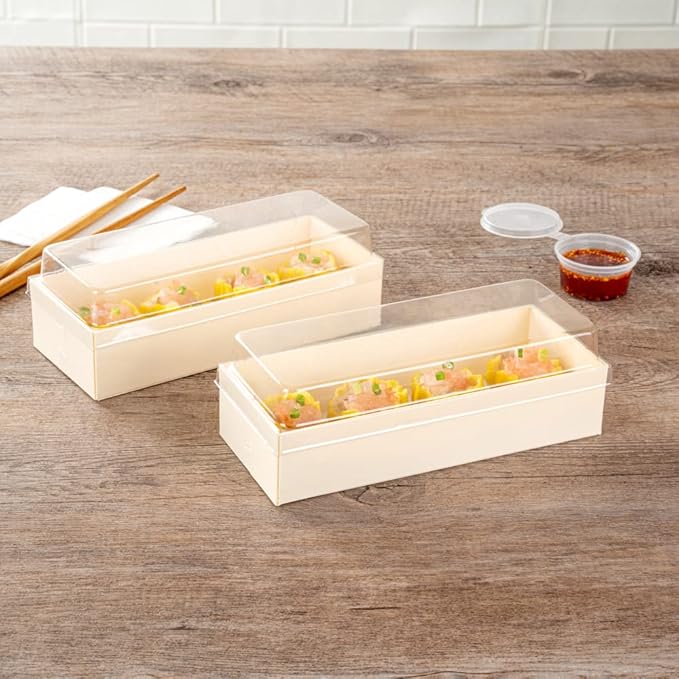 Restaurantware LIDS ONLY: Taipei 7.5 Inch Rectangle Long Straight Lids, 100 Plastic Lids For 18 oz Rectangle Long Straight Wooden Containers - Containers Sold Separately, Clear Plastic Lids