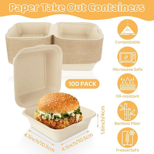 CYEAH 100 Pack Compostable Square Hinged Container, 5 X 5 Disposable Square Small Lunch Box Takeout Containers with Lid, Single Compartment Clamshell Takeout Box for Burger, Sandwiches, Salad