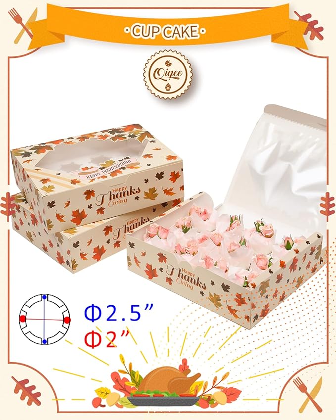 qiqee Thanksgiving 12 Cupcake Boxes with Window 16-Packs Cupcake Box 13"x10"x3.5" Cupcakes Carrier, 12 Cupcake Containers For Thanksgiving Day