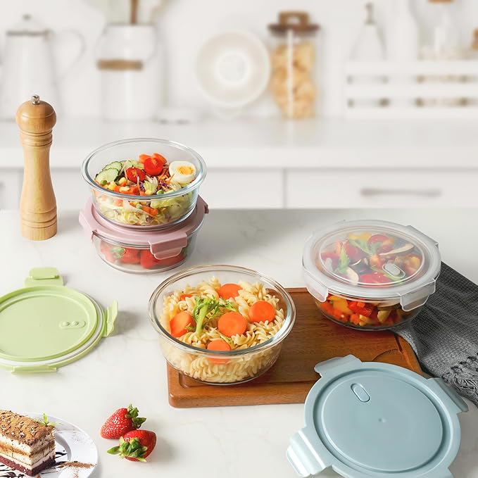 8 PCS Glass Meal Prep Containers with Lids, Airtight 4 Cup Glass Storage Containers Set, Heat-Resistant BPA-Free Glass Containers for Soup Leftover, Microwave, Dishwasher, and Freezer Safe (4 Packs)