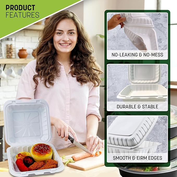 6X6X3 50 Pcs Plastic Clamshell Takeout Food Trays Heavy Duty Disposable Box For Pasta Salad Sandwich Meal Prep Packaging Catering Hinged Containers With Secure Snap Lid