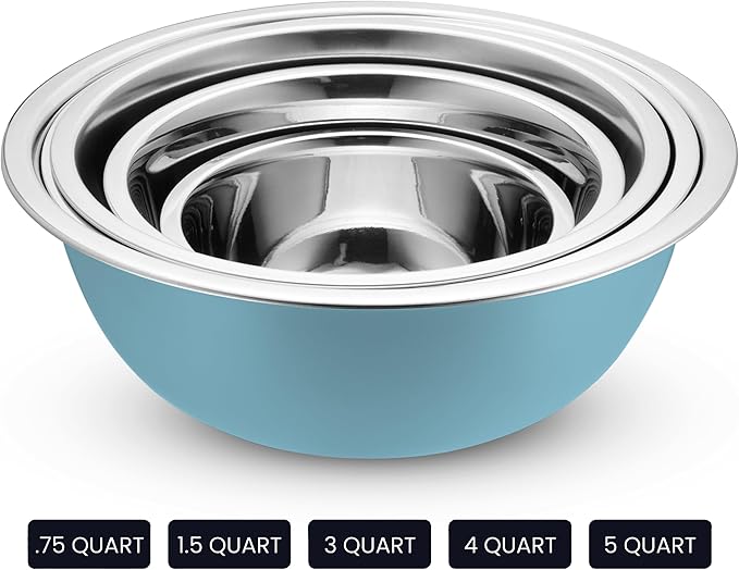 WHYSKO Stainless Steel Mixing Bowl Set, 10 Piece Stainless Steel Mixing Bowls with Lids Set for Food Prep Storage and Serving, Dishwasher Safe Microwave Safe for Kitchen Baking Cooking, Light Blue